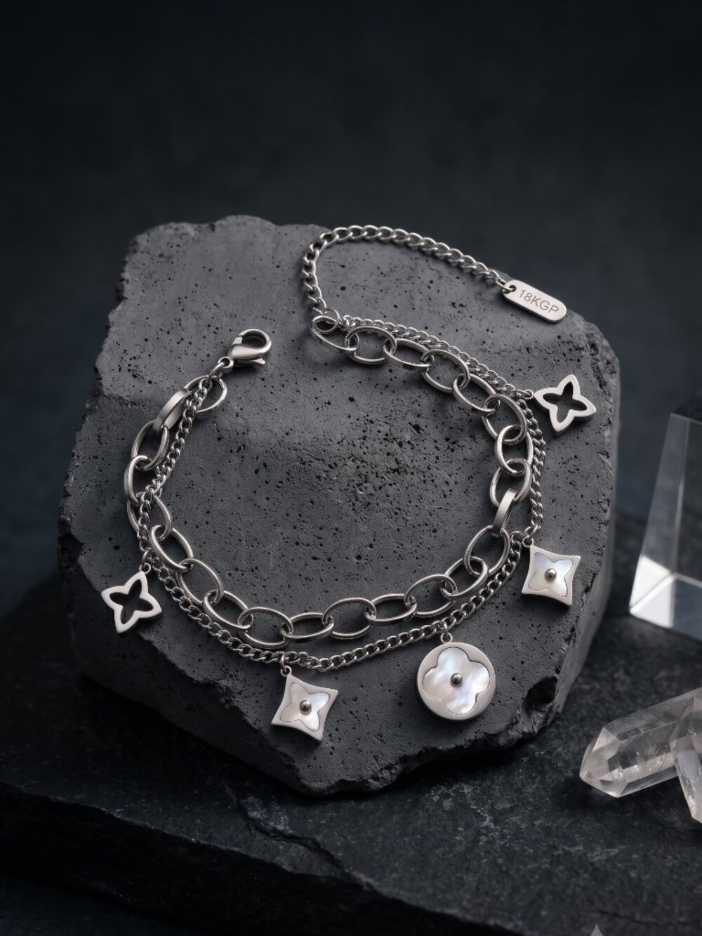 18K White Gold SS MOP Geometric Charm Bracelet Double Chain Quiet Luxury Adj - Picture 11 of 13